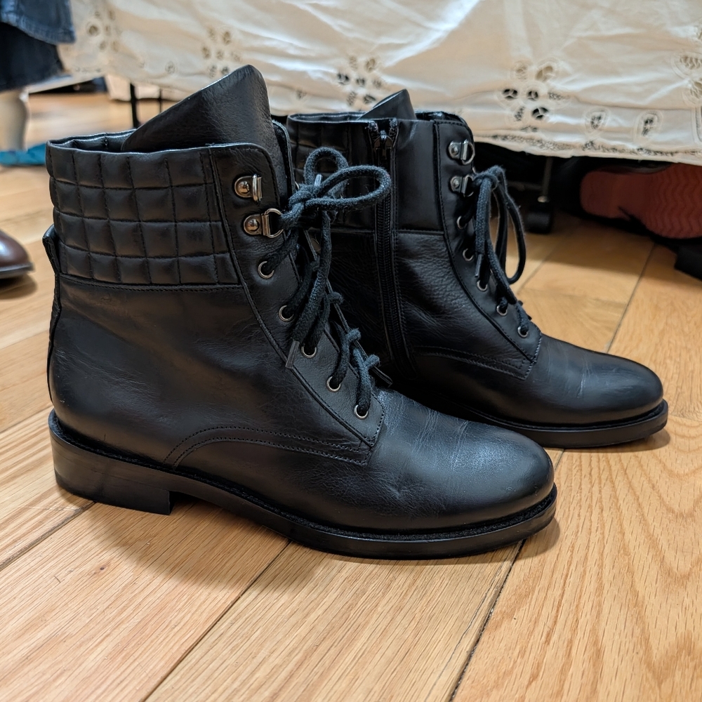 Napoleoni Combat Boots Leather Lace Up Zipper Black Women's 38